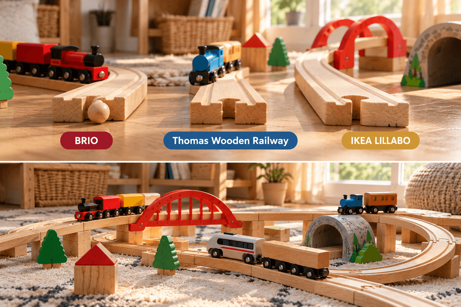 A conceptual editorial illustration: three wooden track ends captioned BRIO, Thomas Wooden Railway, and IKEA LILLABO sit above a single mixed wooden layout. The captions name the three systems the article discusses; the rendered track shapes are illustrative and are not measurements of any real product.
