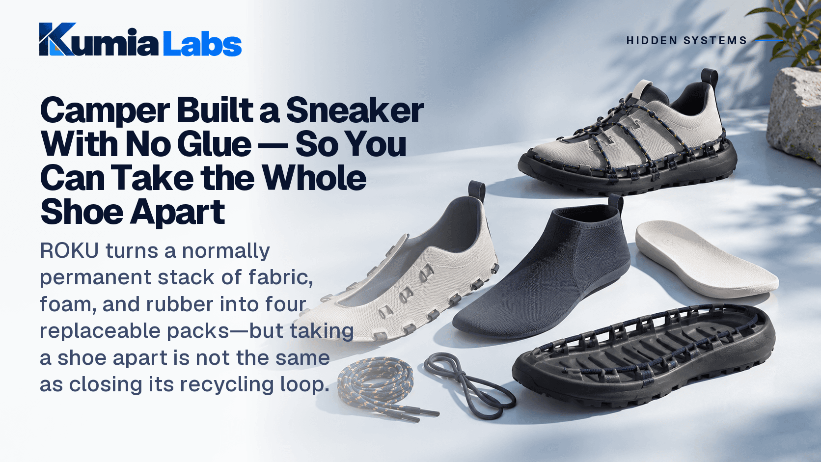 Conceptual modular sneaker shown assembled beside separable components