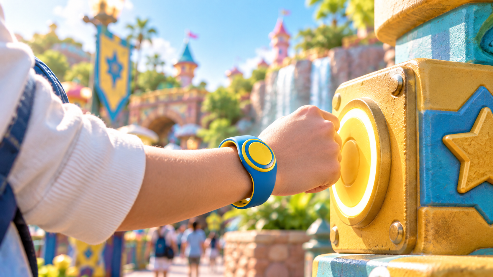An editorial illustration of a guest touching a Power-Up Band to a park interaction point at a Universal theme park. It shows the Band as a wearable player identity, not proof of any specific park mechanism.