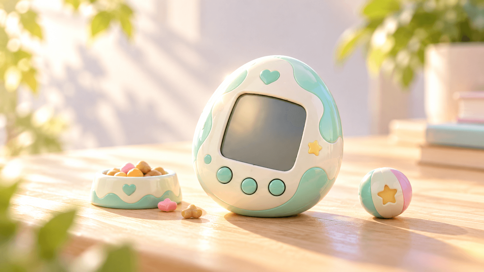 Conceptual illustration: a generic egg-shaped digital-pet toy on a sunlit table beside a small food bowl and a toy ball, suggesting daily feeding and play. Not actual Tamagotchi Paradise hardware.