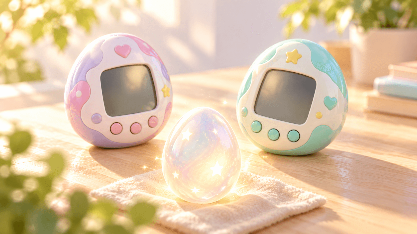 Conceptual illustration: two generic egg-shaped digital-pet toys on a table with a glowing egg between them, suggesting a possible new generation. Not actual Tamagotchi Paradise hardware or an actual breeding result.