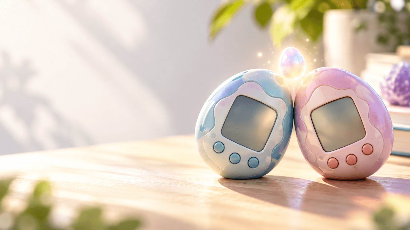 Conceptual illustration: two generic egg-shaped digital-pet toys touching on a sunny tabletop, with a small glowing egg above the point where they meet. Not actual Tamagotchi Paradise hardware.